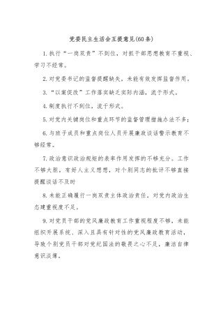 (60条)党委民主生活会互提意见