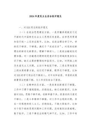 2024年度民主生活会批评意见