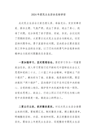 2024年度民主生活会总结讲话