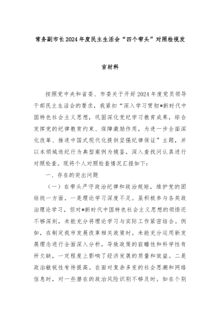 常务副市长2024年度民主生活会“四个带头”对照检视发言材料