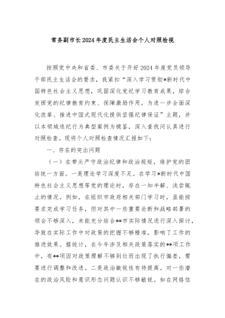 常务副市长2024年度民主生活会个人对照检视