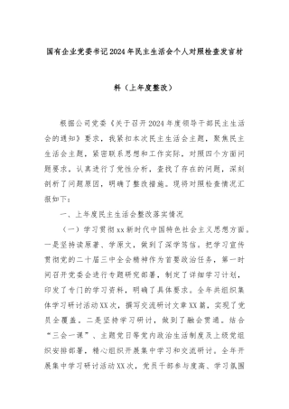国有企业党委书记2024年民主生活会个人对照检查发言材料（上年度整改）