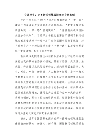 交流发言：完善新兴领域国际交流合作机制