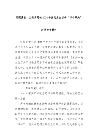 某副县长、公安局局长2024年度民主生活会“四个带头”对照检查材料