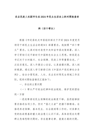 农业民政人社副市长在2024年民主生活会上的对照检查材料（四个带头）