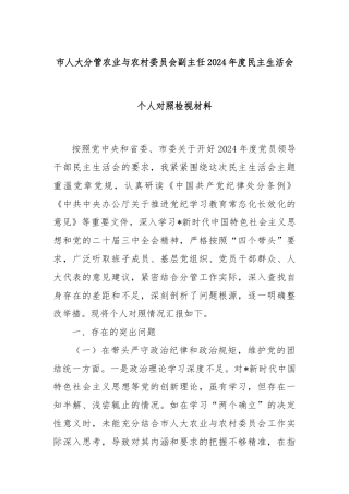 市人大分管农业与农村委员会副主任2024年度民主生活会个人对照检视材料