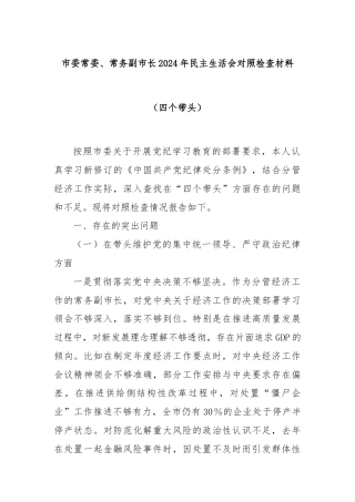 市委常委、常务副市长2024年民主生活会对照检查材料（四个带头）