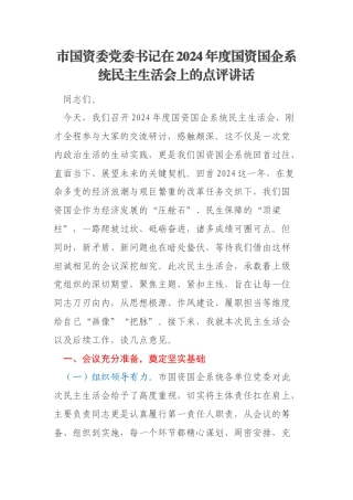 市国资委党委书记在2024年度国资国企系统民主生活会上的点评讲话