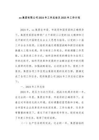 xx集团有限公司2024年工作总结及2025年工作计划