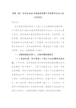 党委（组）书记在2024年抓基层党建工作述职评议会上的点评发言