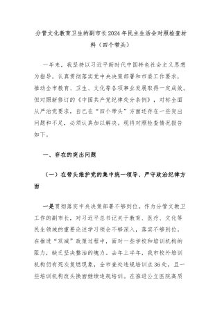 分管文化教育卫生的副市长2024年民主生活会对照检查材料（四个带头）
