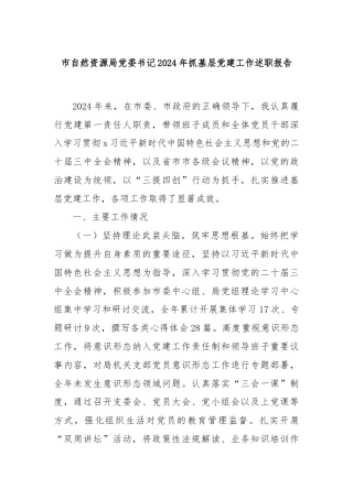 市自然资源局党委书记2024年抓基层党建工作述职报告