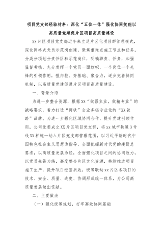 项目党支部经验材料：深化“五位一体”强化协同效能以高质量党建促片区项目高质量建设