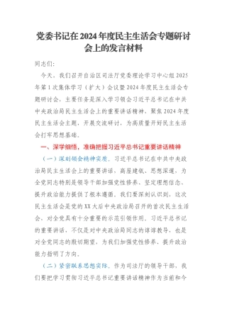 党委书记在2024年度民主生活会专题研讨会上的发言材料