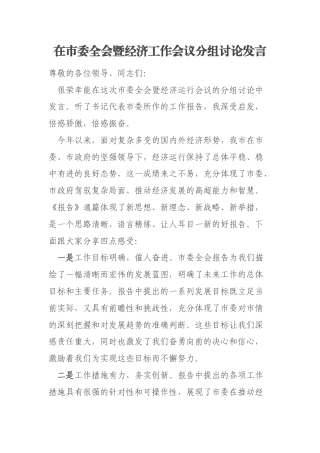 在市委全会暨经济工作会议分组讨论发言
