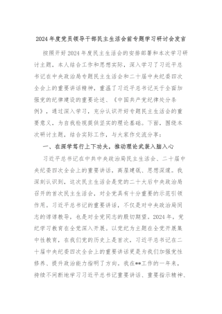 2024年度党员领导干部民主生活会前专题学习研讨会发言