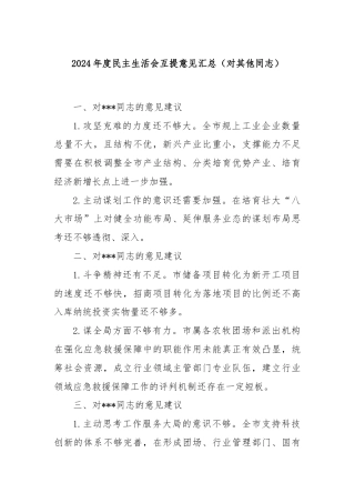 2024年度民主生活会互提意见汇总（对其他同志）