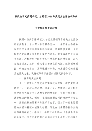 城投公司党委副书记、总经理2024年度民主生活会领导班子对照检视发言材料