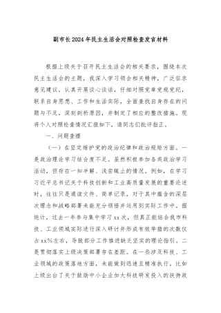 副市长2024年民主生活会对照检查发言材料