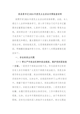 某县委书记2024年度民主生活会对照检查材料