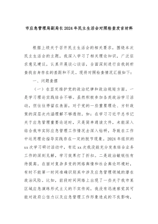 市应急管理局副局长2024年民主生活会对照检查发言材料