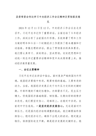 县委常委会传达学习中央经济工作会议精神及贯彻落实意见