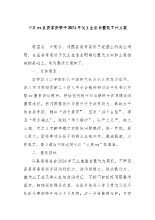 中共xx县委常委班子2024年民主生活会整改工作方案