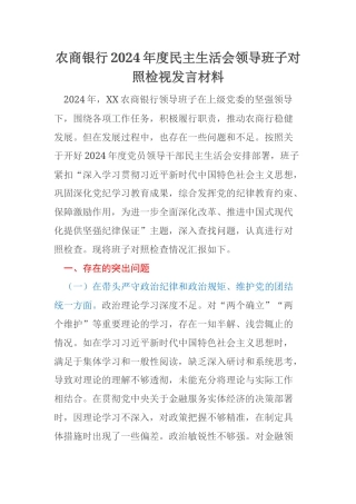 农商银行2024年度民主生活会领导班子对照检视发言材料