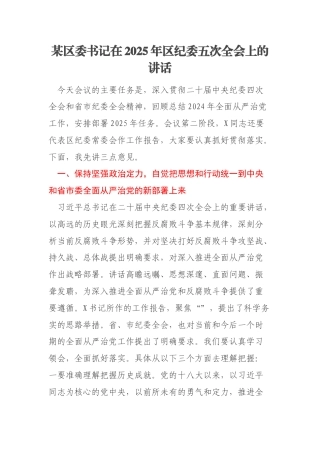 某区委书记在2025年区纪委五次全会上的讲话