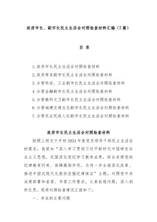 (7篇)政府市长、副市长民主生活会对照检查材料汇编