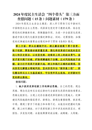 2024年度民主生活会“四个带头”第三方面查摆问题（15条）问题素材（179条）