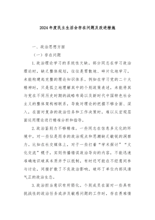 2024年度民主生活会存在问题及改进措施