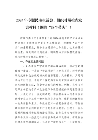 2024年专题民主生活会、组织对照检查发言材料