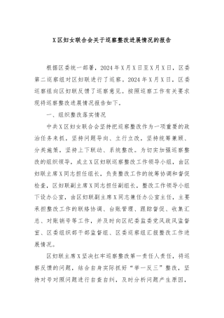 X区妇女联合会关于巡察整改进展情况的报告