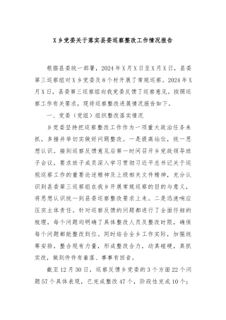 X乡党委关于落实县委巡察整改工作情况报告