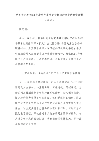 党委书记在2024年度民主生活会专题研讨会上的发言材料（司法）