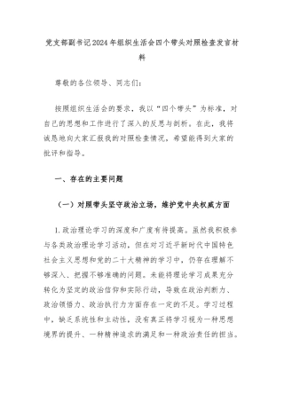 党支部副书记2024年组织生活会四个带头对照检查发言材料