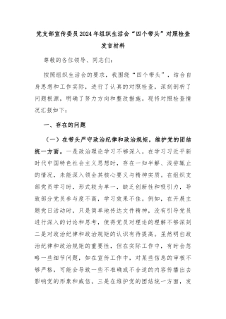 党支部宣传委员2024年组织生活会“四个带头”对照检查发言材料