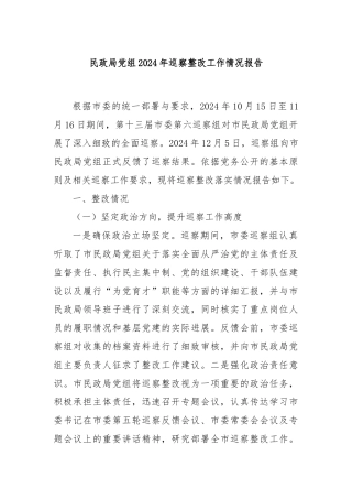 民政局党组2024年巡察整改工作情况报告