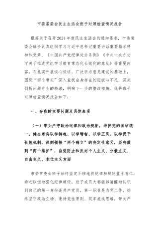 市委常委会民主生活会班子对照检查情况报告