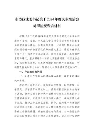 市委政法委书记关于2024年度民主生活会对照检视发言材料