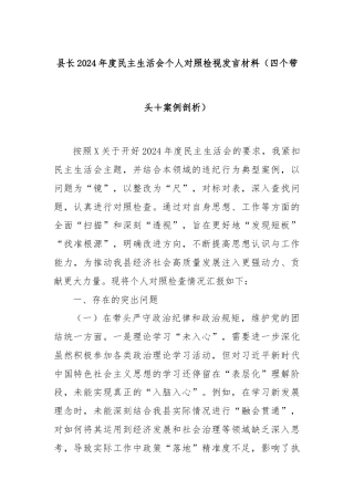 县长2024年度民主生活会个人对照检视发言材料（四个带头＋案例剖析）