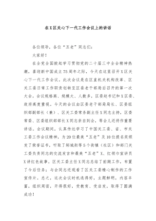 在X区关心下一代工作会议上的讲话