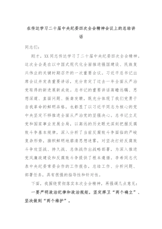 在传达学习二十届中央纪委四次全会精神会议上的总结讲话
