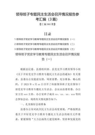 领导班子专题民主生活会召开情况报告参考汇编（3篇）