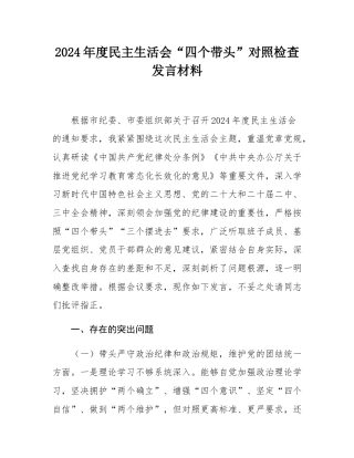 2024年度民主SH会“四个带头”对照检查发言材料