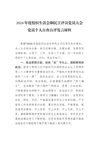2024年度组织生活会和民主评议党员大会党员个人自查自评发言材料 (1)
