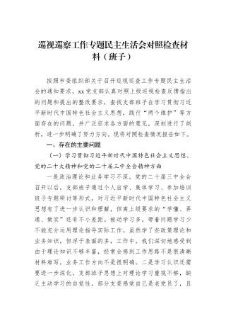 2024年巡视巡察工作专题民主生活会对照检查材料（班子）