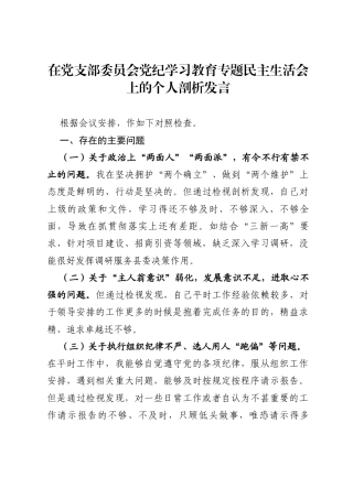 党纪学习教育检视剖析材料：在党支部委员会党纪学习教育专题民主生活会上的个人剖析发言