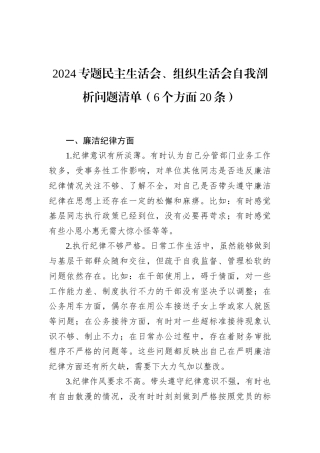 2024专题民主生活会、组织生活会自我剖析问题清单（6个方面20条）